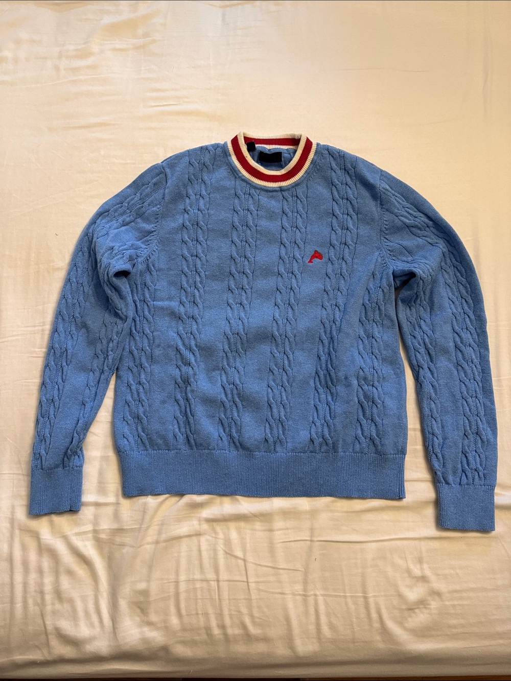 Esprit Sky Blue Cable Knit Crewneck with Striped Contrast Collar